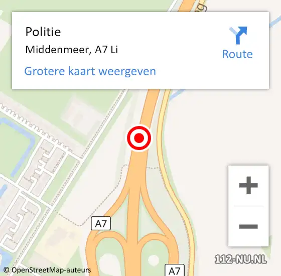 Locatie op kaart van de 112 melding: Politie Middenmeer, A7 Li op 16 oktober 2019 09:18