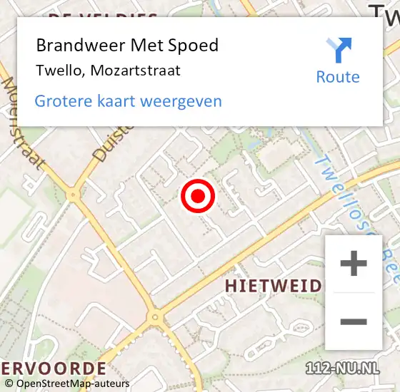 Locatie op kaart van de 112 melding: Brandweer Met Spoed Naar Twello, Mozartstraat op 17 oktober 2019 16:33