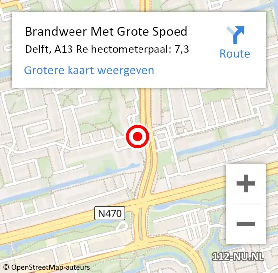 Locatie op kaart van de 112 melding: Brandweer Met Grote Spoed Naar Delft, A13 Re hectometerpaal: 7,4 op 18 oktober 2019 01:10