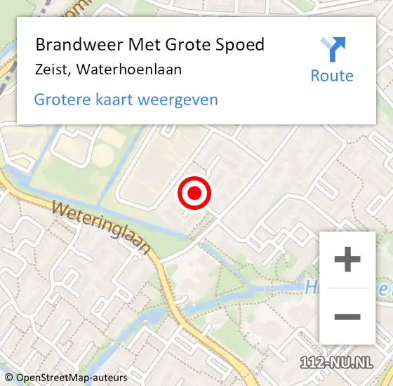 Locatie op kaart van de 112 melding: Brandweer Met Grote Spoed Naar Zeist, Waterhoenlaan op 18 oktober 2019 15:01