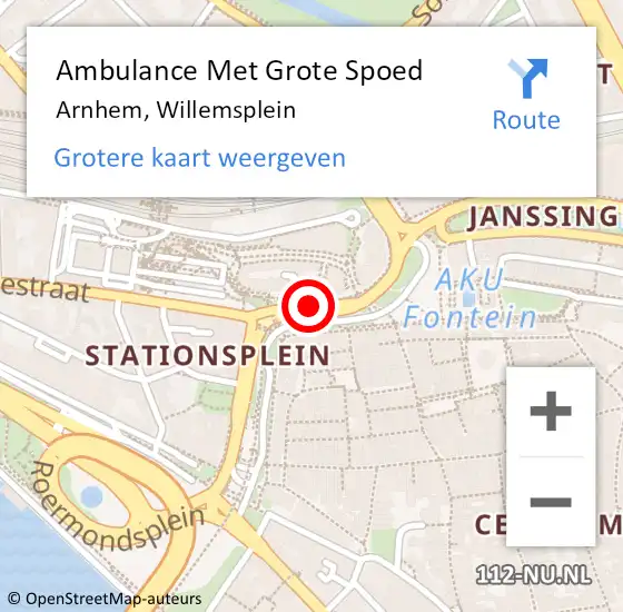 Locatie op kaart van de 112 melding: Ambulance Met Grote Spoed Naar Arnhem, Willemsplein op 19 oktober 2019 23:31