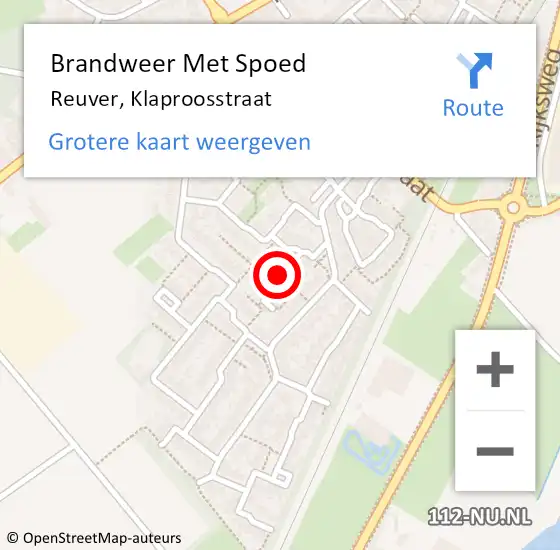 Locatie op kaart van de 112 melding: Brandweer Met Spoed Naar Reuver, Klaproosstraat op 20 oktober 2019 01:15