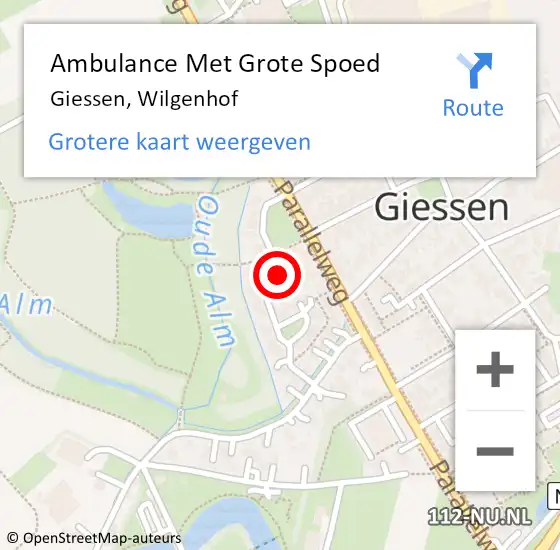 Locatie op kaart van de 112 melding: Ambulance Met Grote Spoed Naar Giessen, Wilgenhof op 20 oktober 2019 04:06