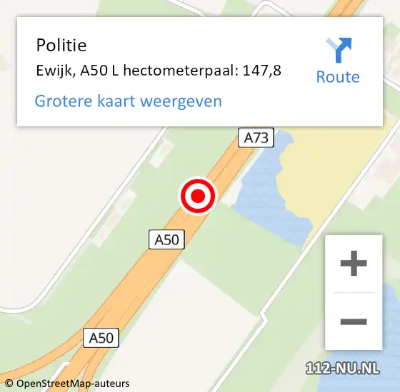 Locatie op kaart van de 112 melding: Politie Ewijk, A50 L hectometerpaal: 147,8 op 20 oktober 2019 14:22