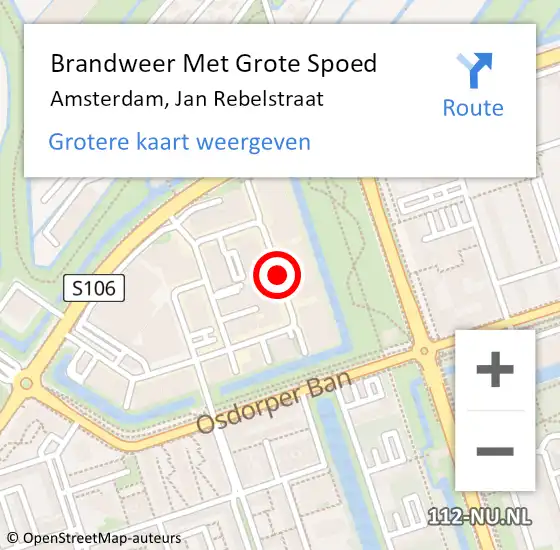 Locatie op kaart van de 112 melding: Brandweer Met Grote Spoed Naar Amsterdam, Jan Rebelstraat op 20 oktober 2019 19:43
