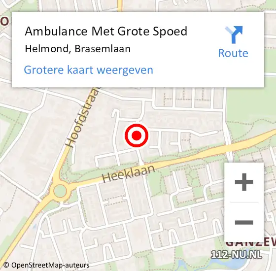 Locatie op kaart van de 112 melding: Ambulance Met Grote Spoed Naar Helmond, Brasemlaan op 22 oktober 2019 21:44