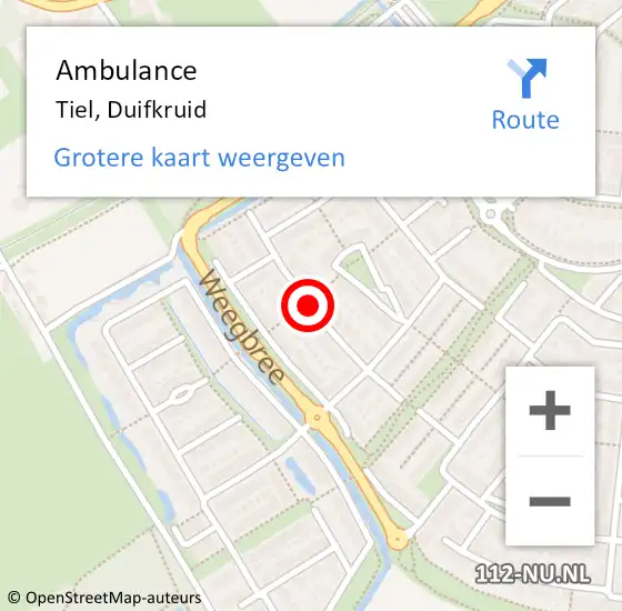 Locatie op kaart van de 112 melding: Ambulance Tiel, Duifkruid op 23 oktober 2019 08:32