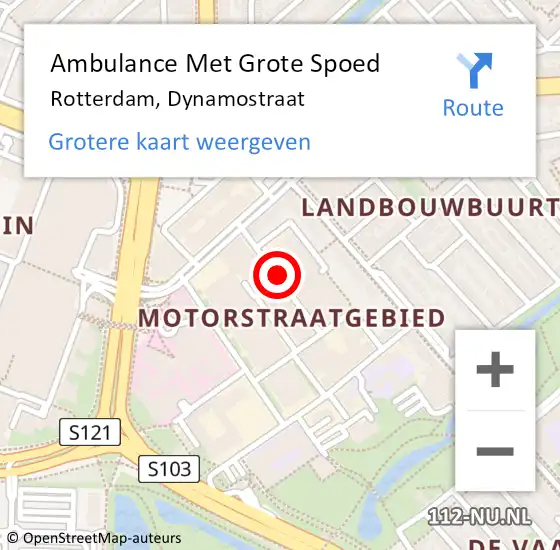 Locatie op kaart van de 112 melding: Ambulance Met Grote Spoed Naar Rotterdam, Dynamostraat op 23 oktober 2019 18:34