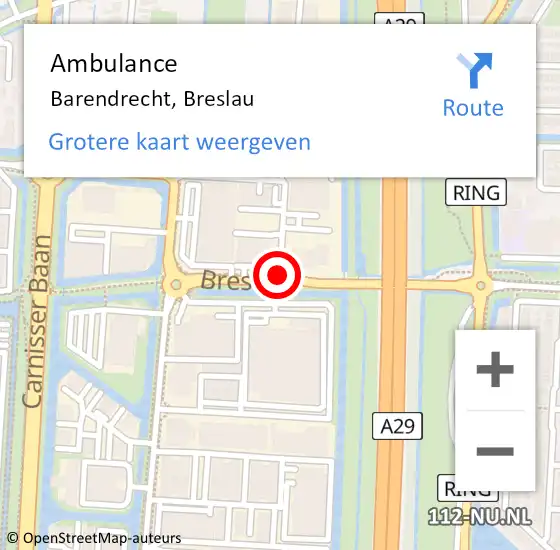 Locatie op kaart van de 112 melding: Ambulance Barendrecht, Breslau op 24 oktober 2019 08:00