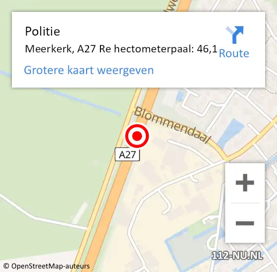 Locatie op kaart van de 112 melding: Politie Meerkerk, A27 Re hectometerpaal: 44,4 op 24 oktober 2019 20:13