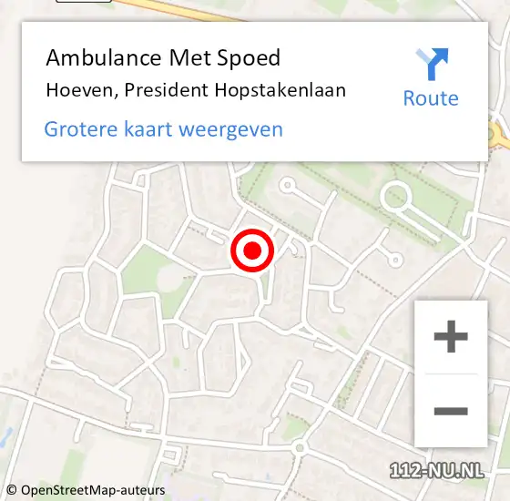 Locatie op kaart van de 112 melding: Ambulance Met Spoed Naar Hoeven, President Hopstakenlaan op 25 oktober 2019 08:52