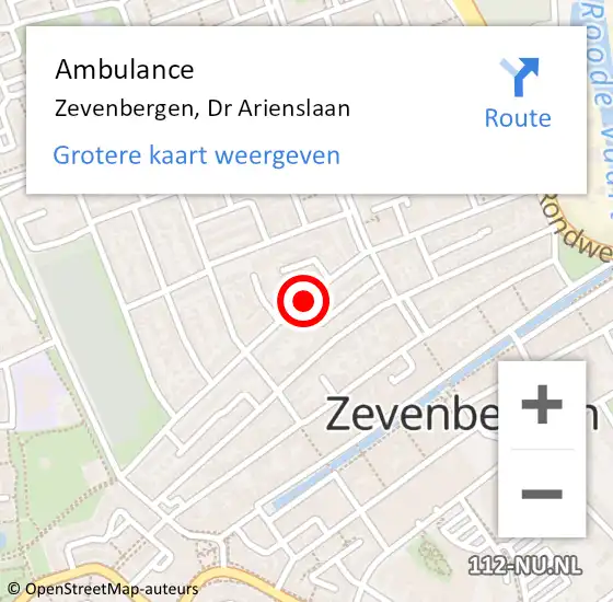 Locatie op kaart van de 112 melding: Ambulance Zevenbergen, Dr Arienslaan op 25 oktober 2019 13:46