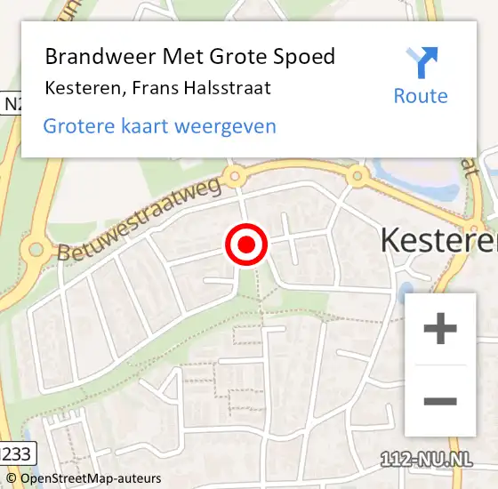 Locatie op kaart van de 112 melding: Brandweer Met Grote Spoed Naar Kesteren, Frans Halsstraat op 27 oktober 2019 07:39