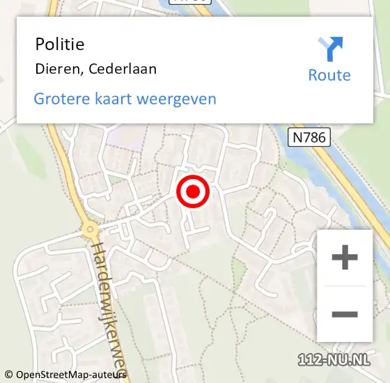 Locatie op kaart van de 112 melding: Politie Dieren, Cederlaan op 27 oktober 2019 09:21