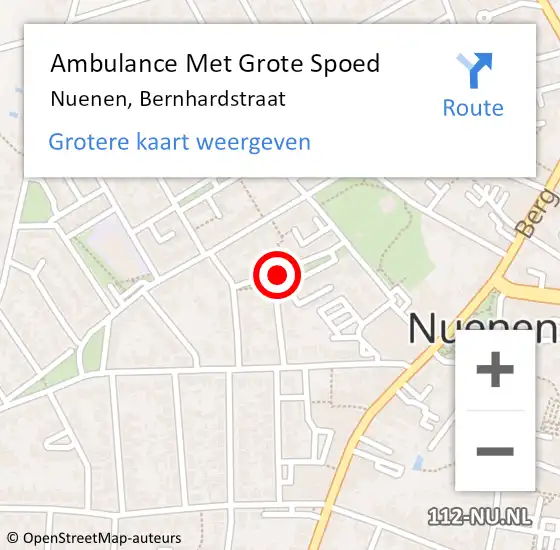 Locatie op kaart van de 112 melding: Ambulance Met Grote Spoed Naar Nuenen, Bernhardstraat op 27 oktober 2019 14:18