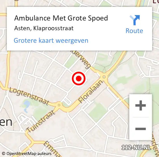 Locatie op kaart van de 112 melding: Ambulance Met Grote Spoed Naar Asten, Klaproosstraat op 28 oktober 2019 07:16