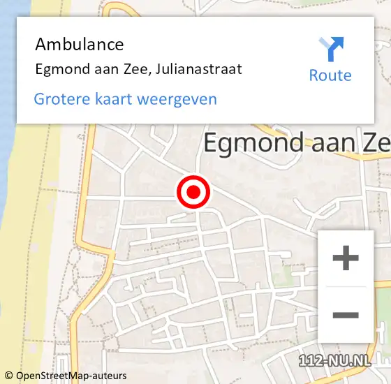 Locatie op kaart van de 112 melding: Ambulance Egmond aan Zee, Julianastraat op 28 oktober 2019 12:52