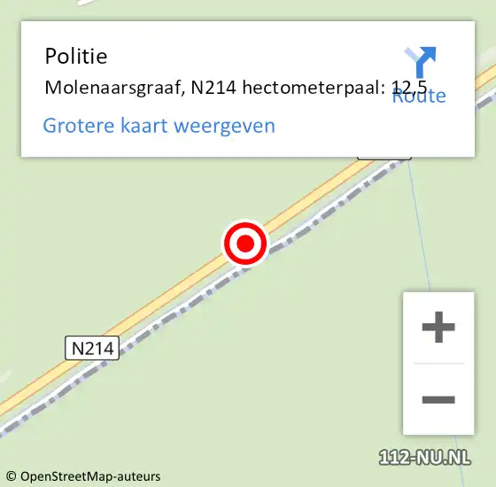 Locatie op kaart van de 112 melding: Politie Molenaarsgraaf, N214 hectometerpaal: 12,5 op 29 oktober 2019 10:20