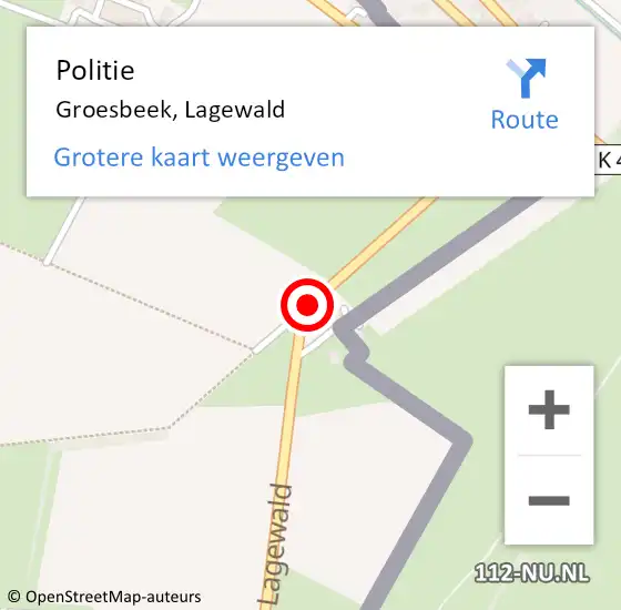 Locatie op kaart van de 112 melding: Politie Groesbeek, Lagewald op 30 oktober 2019 00:07