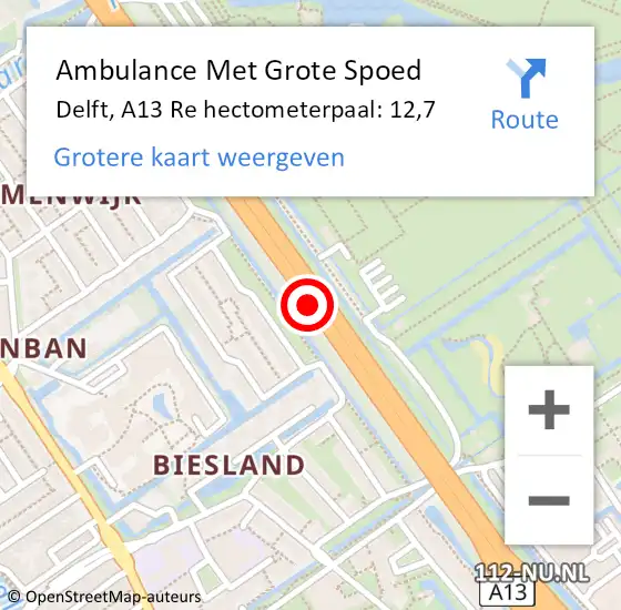 Locatie op kaart van de 112 melding: Ambulance Met Grote Spoed Naar Delft, A13 Li hectometerpaal: 11,8 op 1 november 2019 17:49