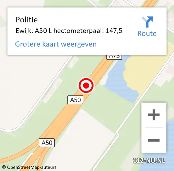 Locatie op kaart van de 112 melding: Politie Ewijk, A50 L hectometerpaal: 147,5 op 2 november 2019 11:34