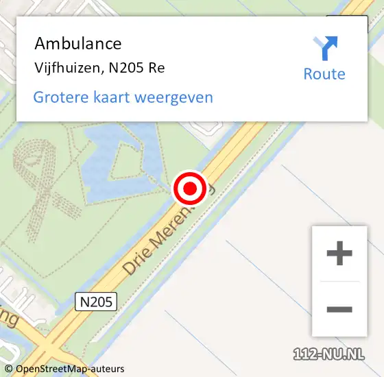 Locatie op kaart van de 112 melding: Ambulance Vijfhuizen, N205 Re op 2 november 2019 23:23