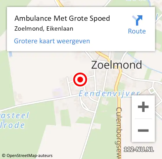 Locatie op kaart van de 112 melding: Ambulance Met Grote Spoed Naar Zoelmond, Eikenlaan op 4 november 2019 02:26