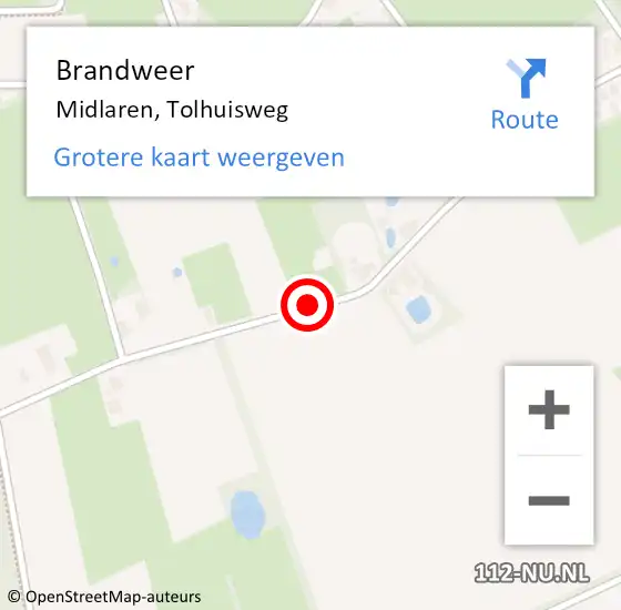 Locatie op kaart van de 112 melding: Brandweer Midlaren, Tolhuisweg op 18 april 2014 17:09