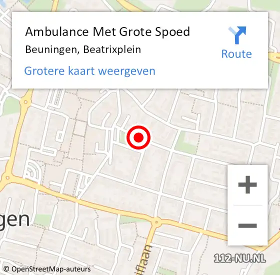 Locatie op kaart van de 112 melding: Ambulance Met Grote Spoed Naar Beuningen, Beatrixplein op 4 november 2019 20:37