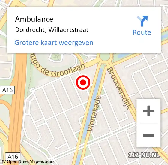 Locatie op kaart van de 112 melding: Ambulance Dordrecht, Willaertstraat op 5 november 2019 16:58