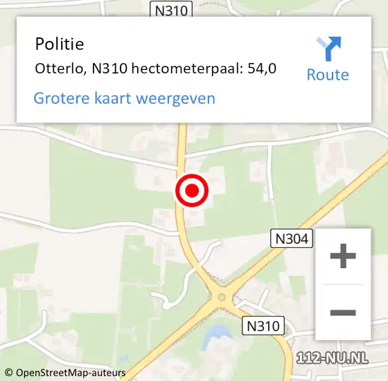 Locatie op kaart van de 112 melding: Politie Otterlo, N310 hectometerpaal: 54,0 op 6 november 2019 08:23