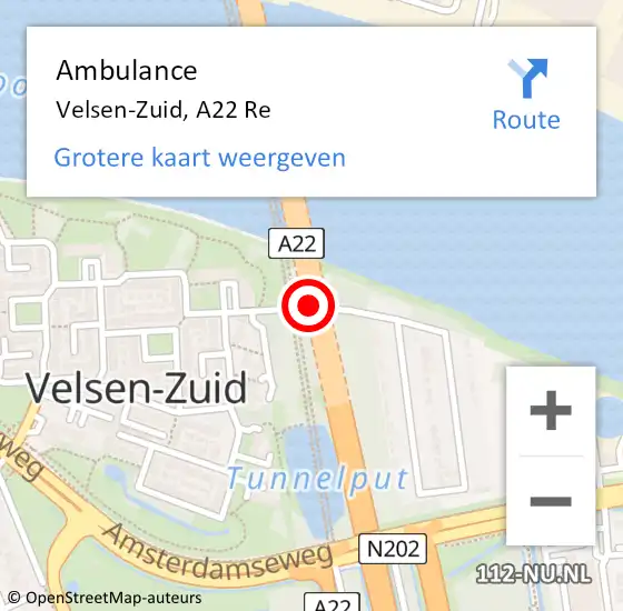 Locatie op kaart van de 112 melding: Ambulance Velsen-Zuid, A22 Re op 6 november 2019 23:01