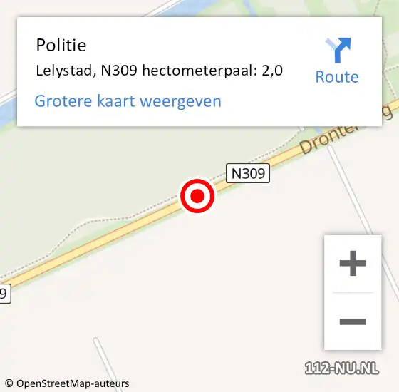 Locatie op kaart van de 112 melding: Politie Lelystad, N309 hectometerpaal: 2,0 op 9 november 2019 12:45