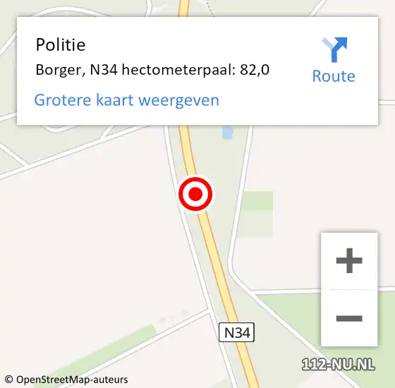 Locatie op kaart van de 112 melding: Politie Borger, N34 hectometerpaal: 82,0 op 11 november 2019 08:19