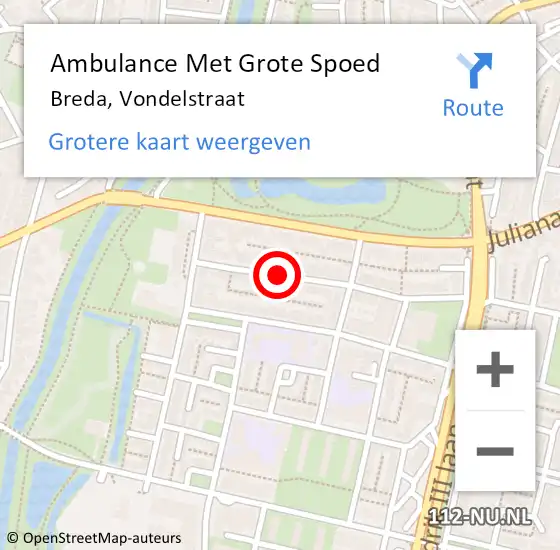 Locatie op kaart van de 112 melding: Ambulance Met Grote Spoed Naar Breda, Vondelstraat op 11 november 2019 10:07