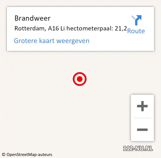 Locatie op kaart van de 112 melding: Brandweer Rotterdam, A16 Li hectometerpaal: 21,2 op 12 november 2019 00:01