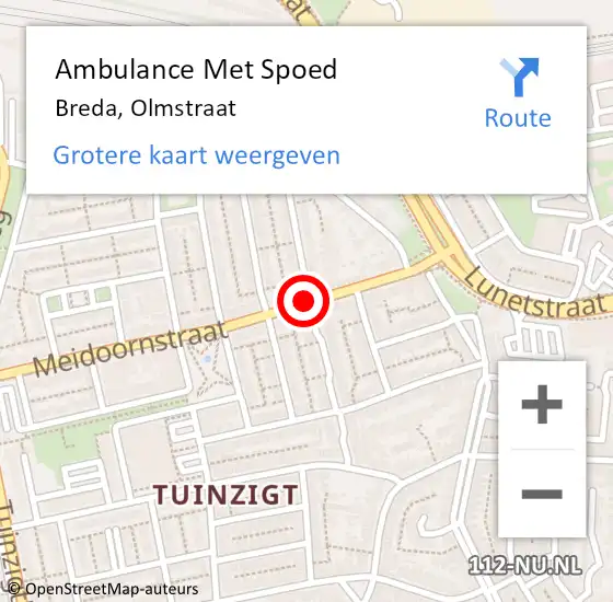 Locatie op kaart van de 112 melding: Ambulance Met Spoed Naar Breda, Olmstraat op 12 november 2019 05:13