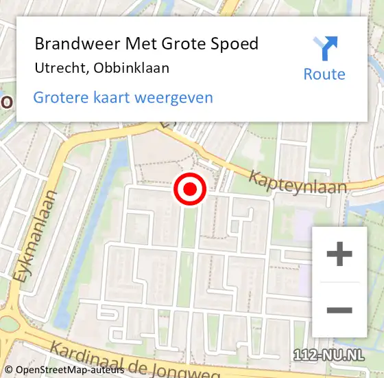 Locatie op kaart van de 112 melding: Brandweer Met Grote Spoed Naar Utrecht, Obbinklaan op 15 november 2019 00:35