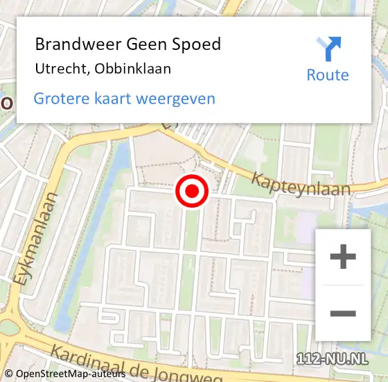 Locatie op kaart van de 112 melding: Brandweer Geen Spoed Naar Utrecht, Obbinklaan op 15 november 2019 00:47