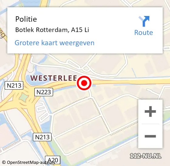 Locatie op kaart van de 112 melding: Politie Botlek Rotterdam, A15 Li hectometerpaal: 43,6 op 15 november 2019 06:59