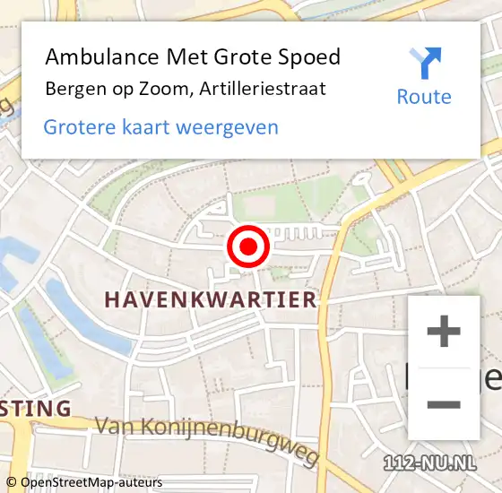 Locatie op kaart van de 112 melding: Ambulance Met Grote Spoed Naar Bergen op Zoom, Artilleriestraat op 16 november 2019 00:59