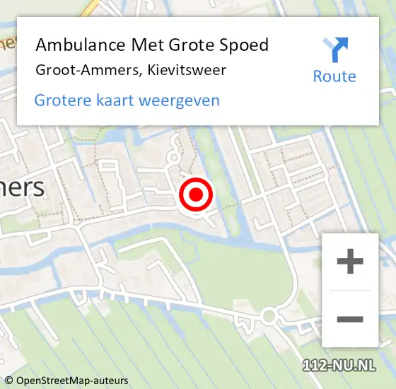 Locatie op kaart van de 112 melding: Ambulance Met Grote Spoed Naar Groot-Ammers, Kievitsweer op 16 november 2019 17:05