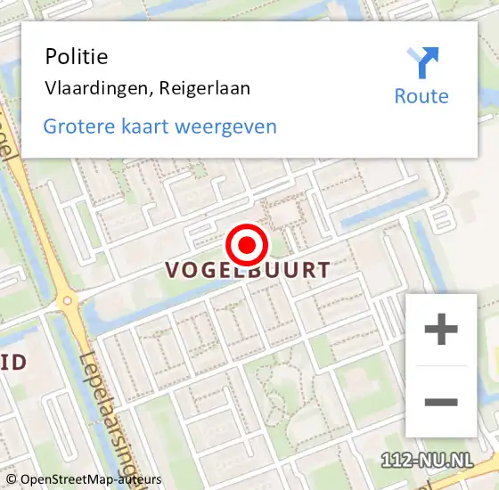 Locatie op kaart van de 112 melding: Politie Vlaardingen, Reigerlaan op 17 november 2019 18:20