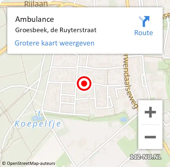 Locatie op kaart van de 112 melding: Ambulance Groesbeek, de Ruyterstraat op 17 november 2019 19:54