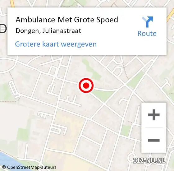 Locatie op kaart van de 112 melding: Ambulance Met Grote Spoed Naar Dongen, Julianastraat op 18 november 2019 05:42