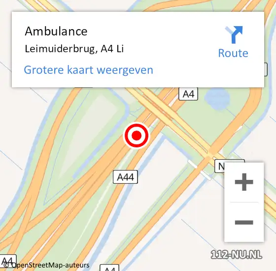 Locatie op kaart van de 112 melding: Ambulance Leimuiderbrug, A4 Li op 18 november 2019 07:08
