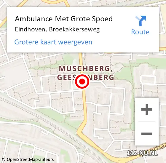 Locatie op kaart van de 112 melding: Ambulance Met Grote Spoed Naar Eindhoven, Broekakkerseweg op 18 november 2019 16:25