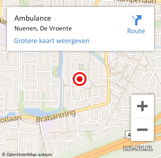 Locatie op kaart van de 112 melding: Ambulance Nuenen, De Vroente op 19 november 2019 12:55