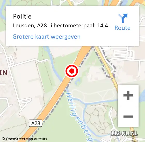Locatie op kaart van de 112 melding: Politie Leusden, A28 Li hectometerpaal: 14,4 op 20 november 2019 11:01