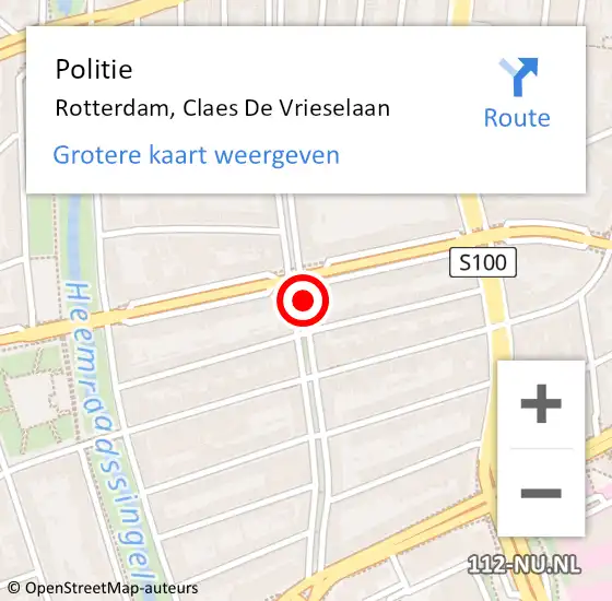 Locatie op kaart van de 112 melding: Politie Rotterdam, Claes De Vrieselaan op 21 november 2019 13:53